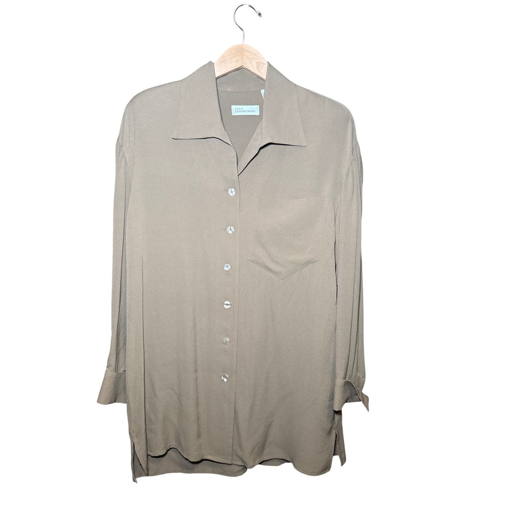 Dana Buchman Silk Blouse Womens 6 Taupe Long Sleeve Button Down Shirt 100% Silk